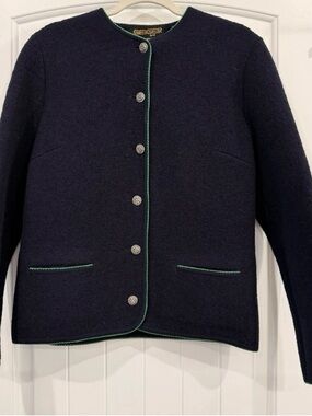 Geiger Navy Knit Cardigan with Green Trim Pure Wool